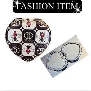 COMPACT MIRROR: Heart-Shaped Black, White, & Red w/Bee Design, NWOT